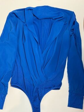 BEBE Royal Blue Long Open Sleeve Wrap Bodysuit